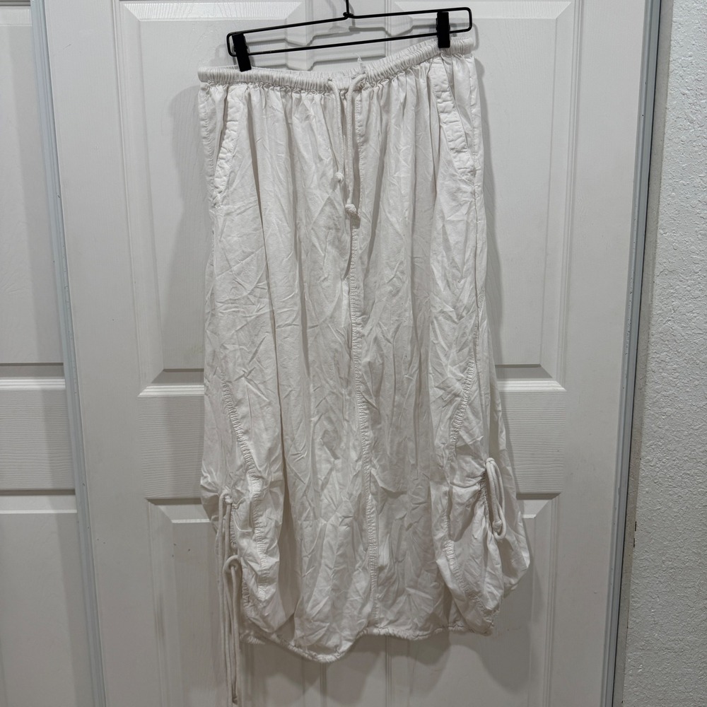 Free People White Ruched Drawstring Midi Skirt OB1703982 Small Boho Bubble Hem